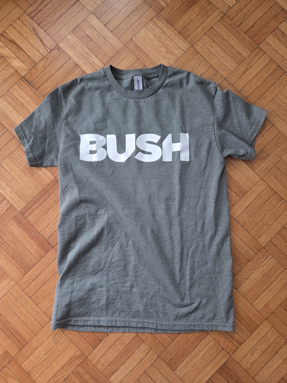 Olive Green Short-Sleeve Band Tee with White 90s Band BUSH Screen print
